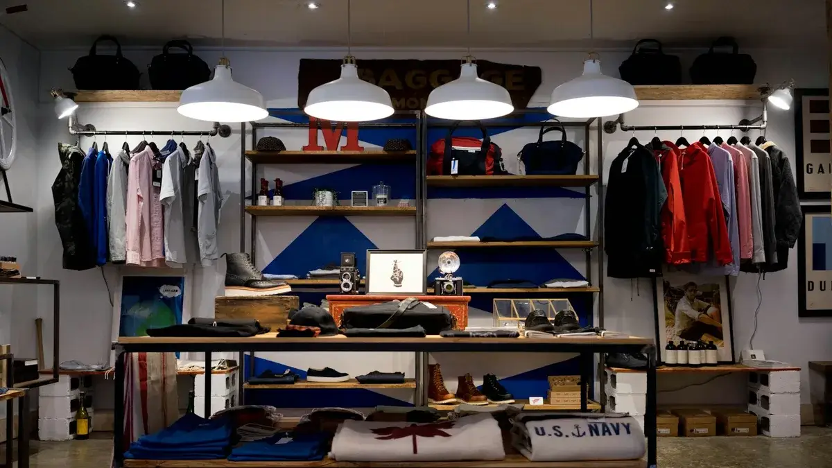 Well arranged clothing boutique interior with shelves of products under warm lights