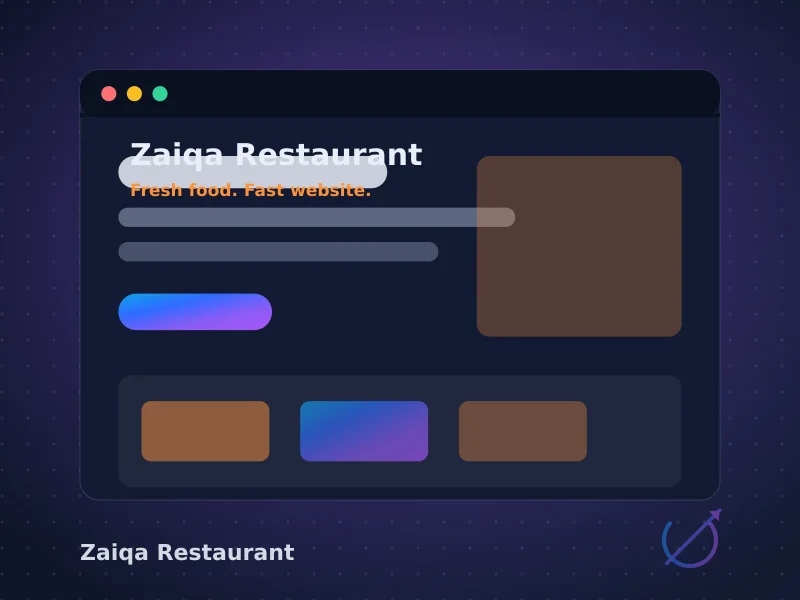 Zaiqa Restaurant website homepage with menu highlights and warm food photography theme